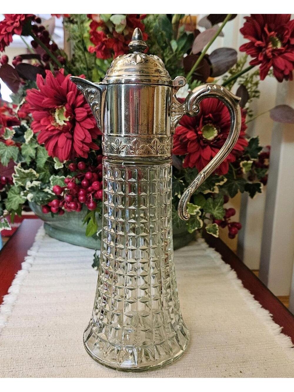 Vintage Italian Cut Crystal Decanter Silver Plate Glass Claret Wine Pitcher 12"